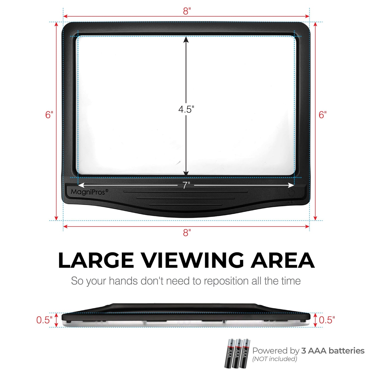  magnifying glass with dimensions and text about large viewing area