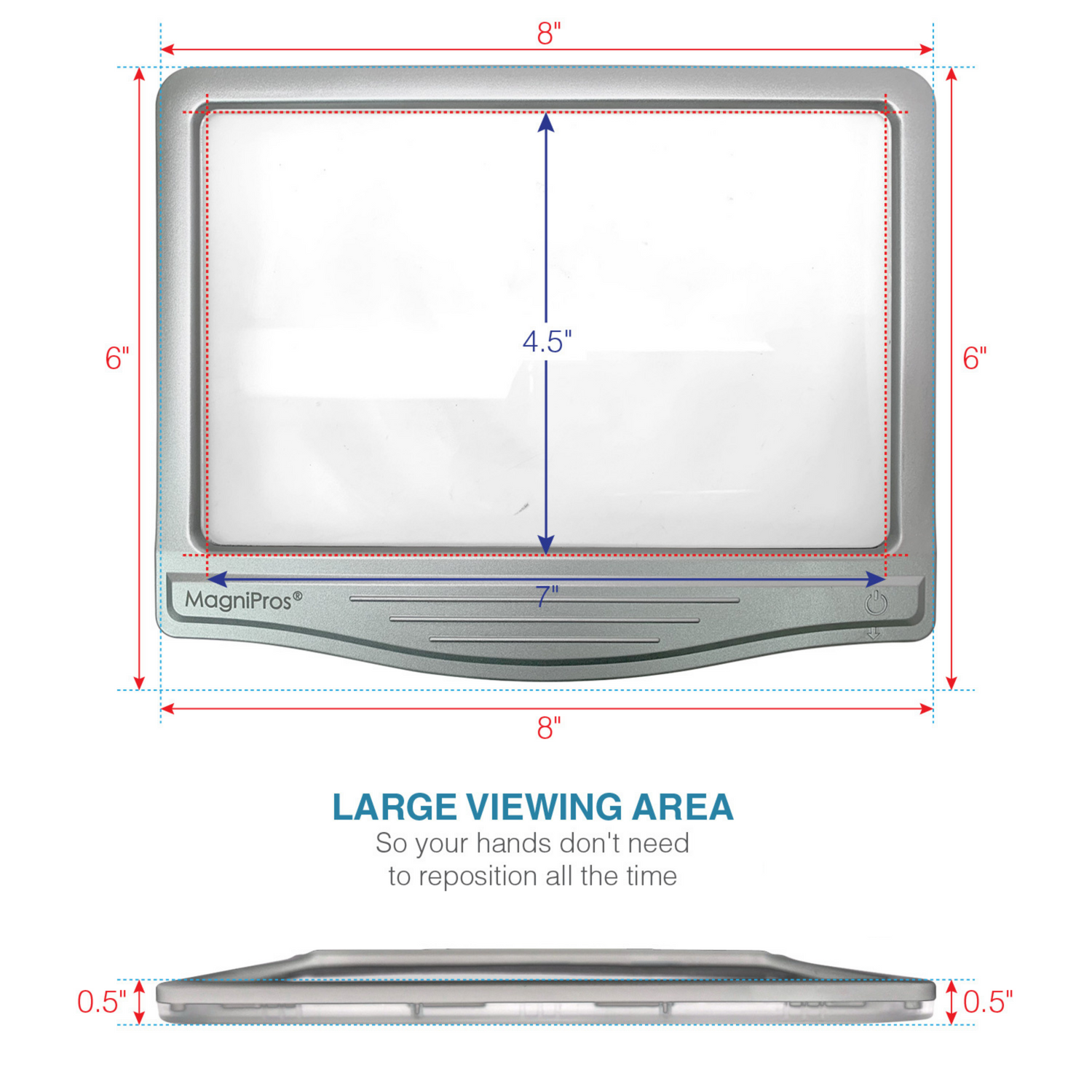 Measurement chart of a MagniPros magnifying device with dimensions labeled.