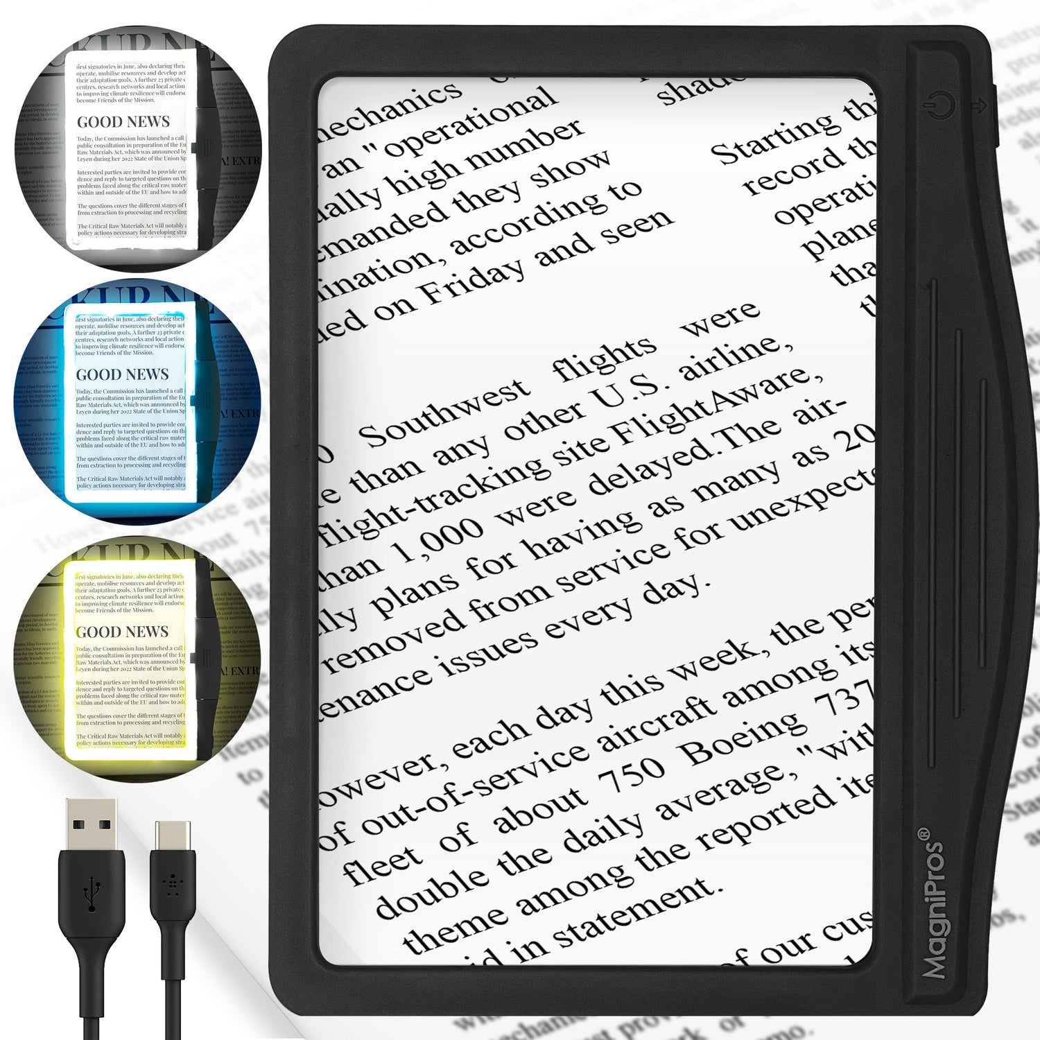 Lightbox with text on a white background, surrounded by close-up insets and a USB cable.