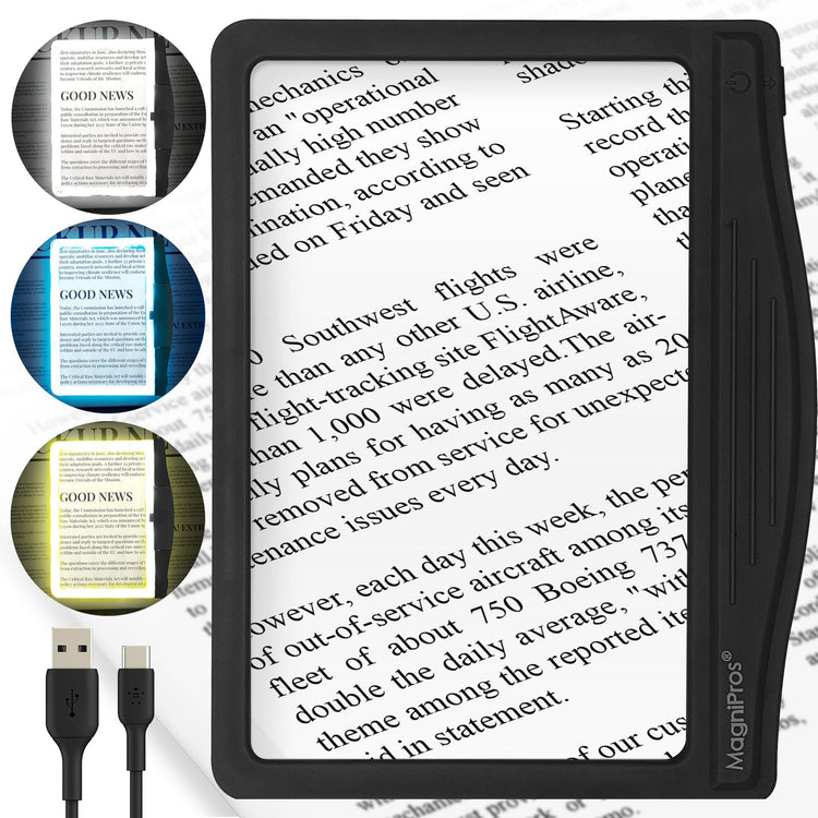 Lightbox with text on a white background, surrounded by close-up insets and a USB cable.