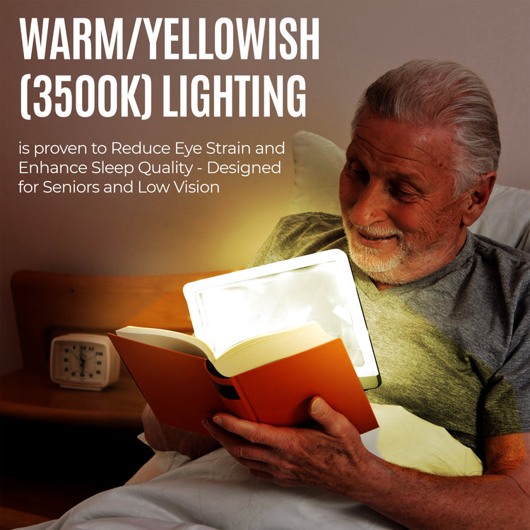 Man reading a book in a warm yellowish light, with text about the benefits of this type of lighting.
