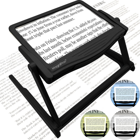 A black LED page magnifier with a stand, showing a close-up of the magnified text on the page and the product's capability to illuminate text for better visibility.