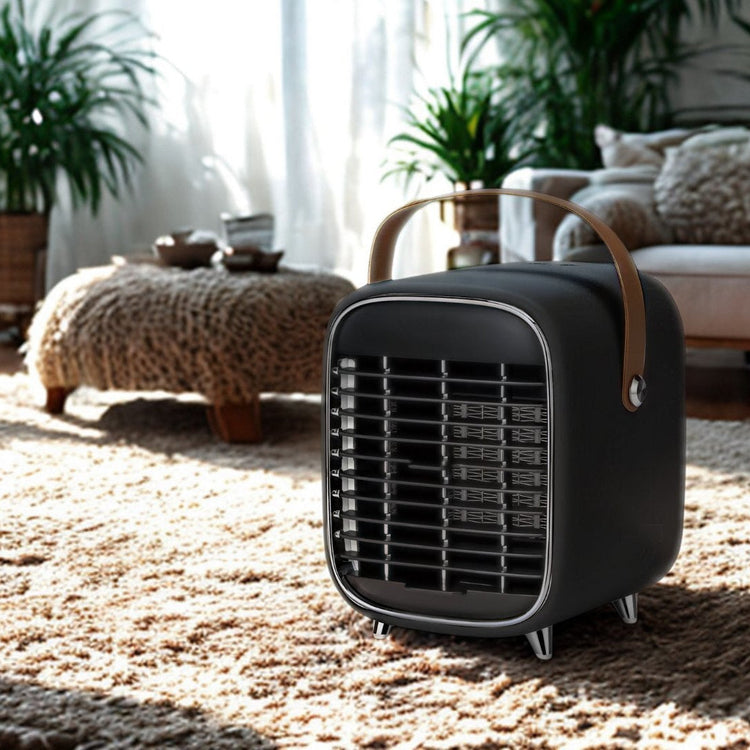 Portable air conditioner in a living room with plants and furniture.