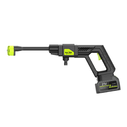 Black and green pressure washer gun on a white background