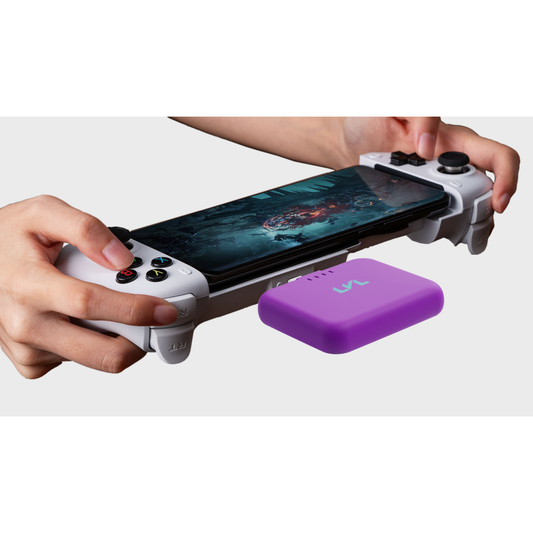 Collage of electronic devices including a smartphone, wireless earbuds, and colorful cases on a white background.