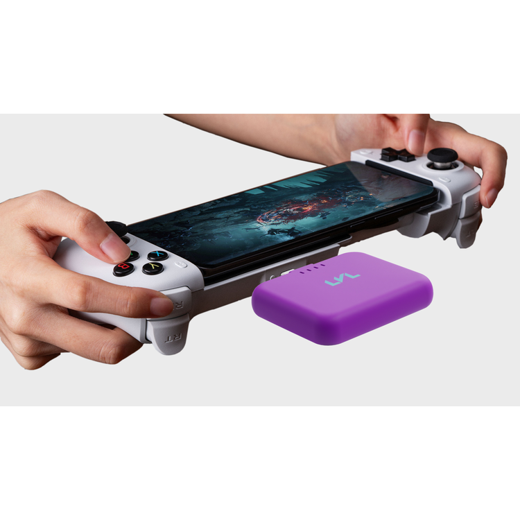 Hand holding a smartphone with a gaming controller attached, next to a purple device on a white background
