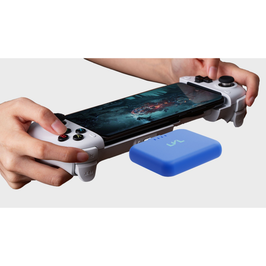 Five rectangular devices in blue, black, purple, and white on a white background