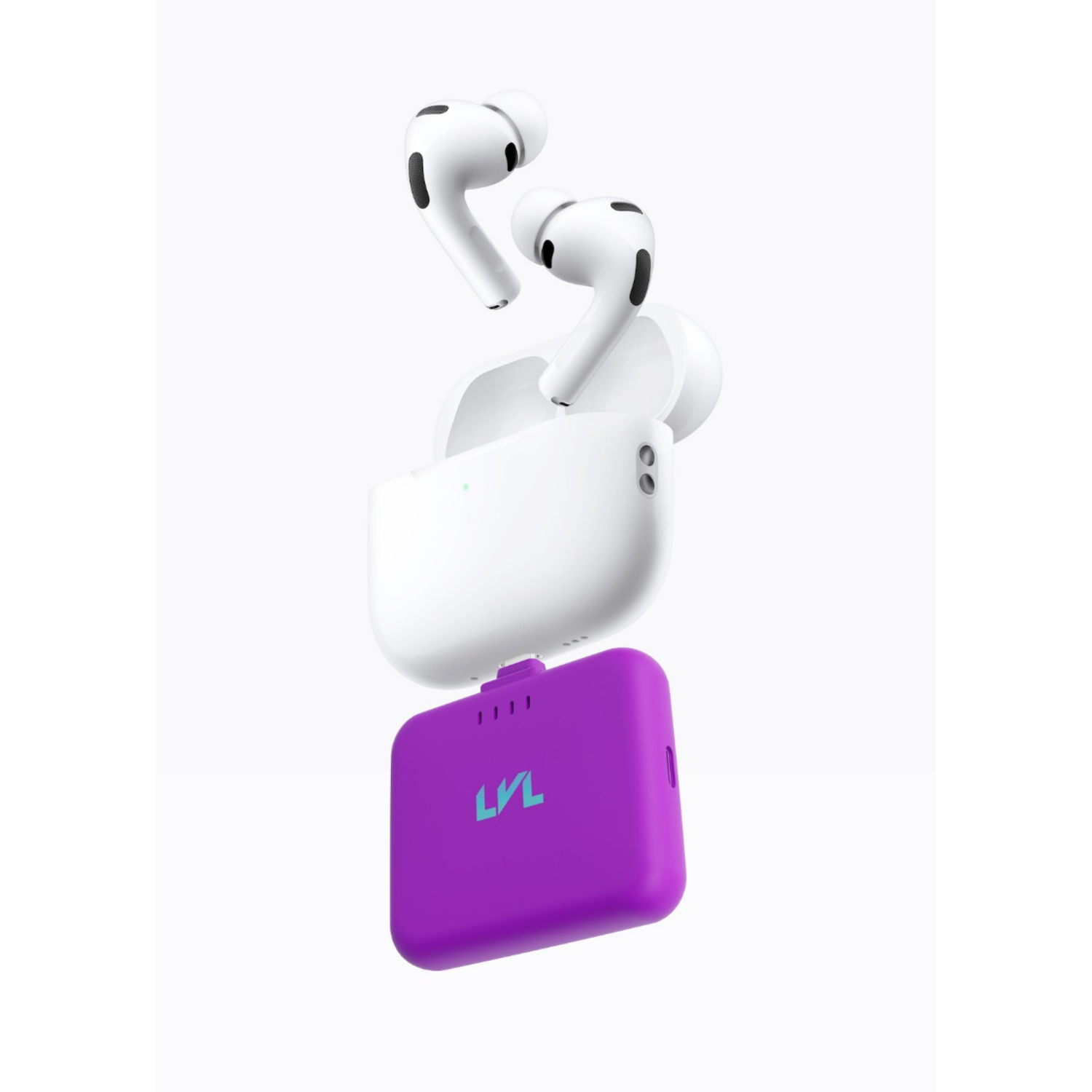 White wireless earbuds with a purple charging case on a white background