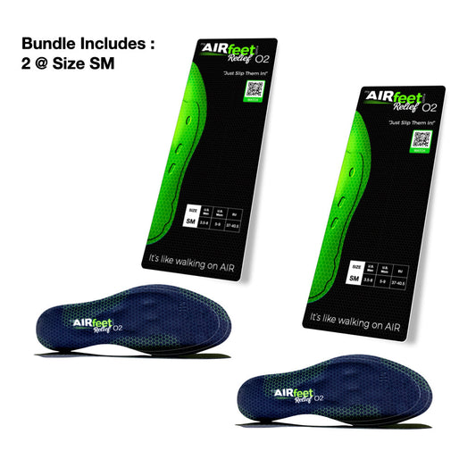 Two pairs of AIRfeet Insoles with packaging on a white background