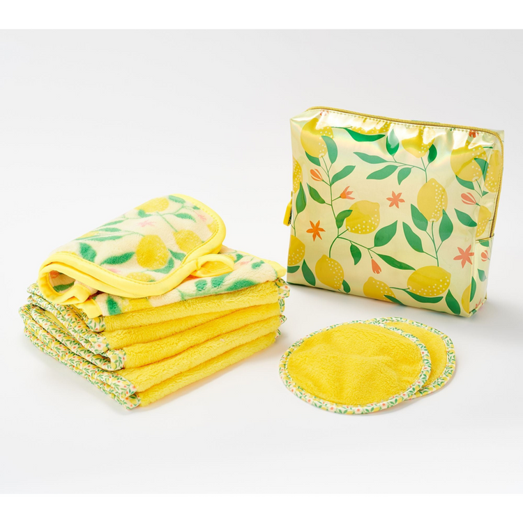 Yellow fabric products with floral pattern on a white background