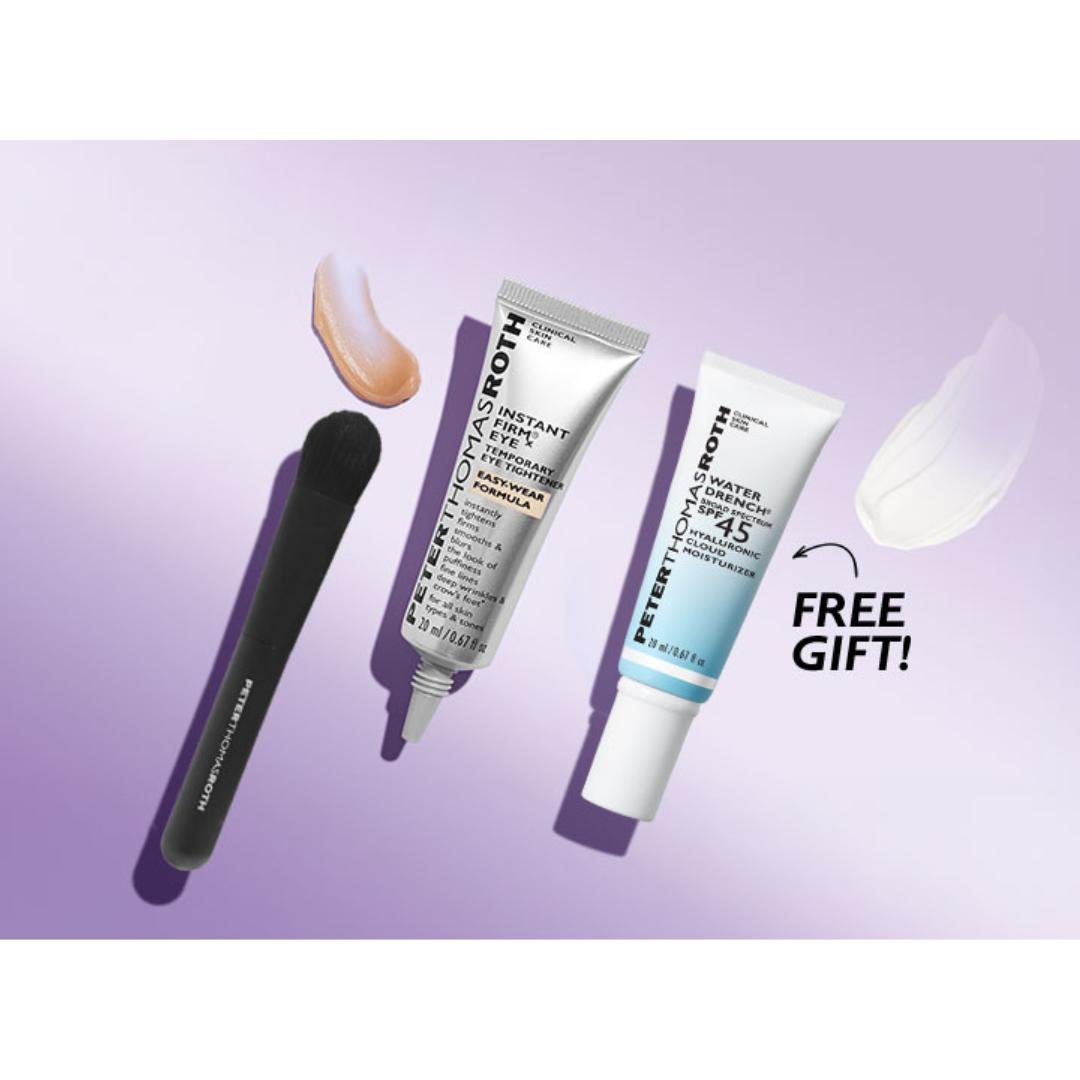 Peter Thomas Roth skincare products on a purple background with a free gift offer.