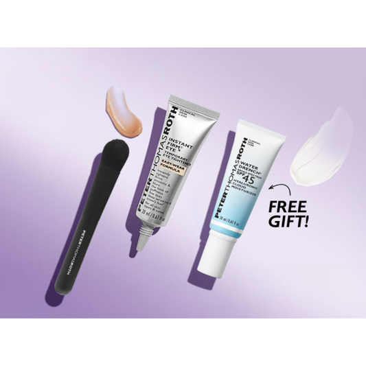Two skincare products and a brush with Peter Thomas Roth branding on a white background