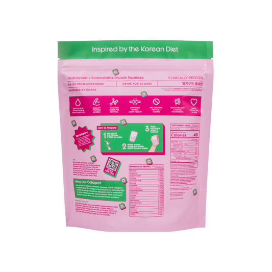 Pink package of Crushed Tonic Grass-Fed Collagen Strawberry Milk flavor on a white background