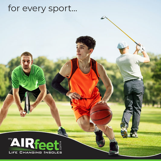 Two pairs of AIRfeet O2 shoe inserts with packaging on a white background.