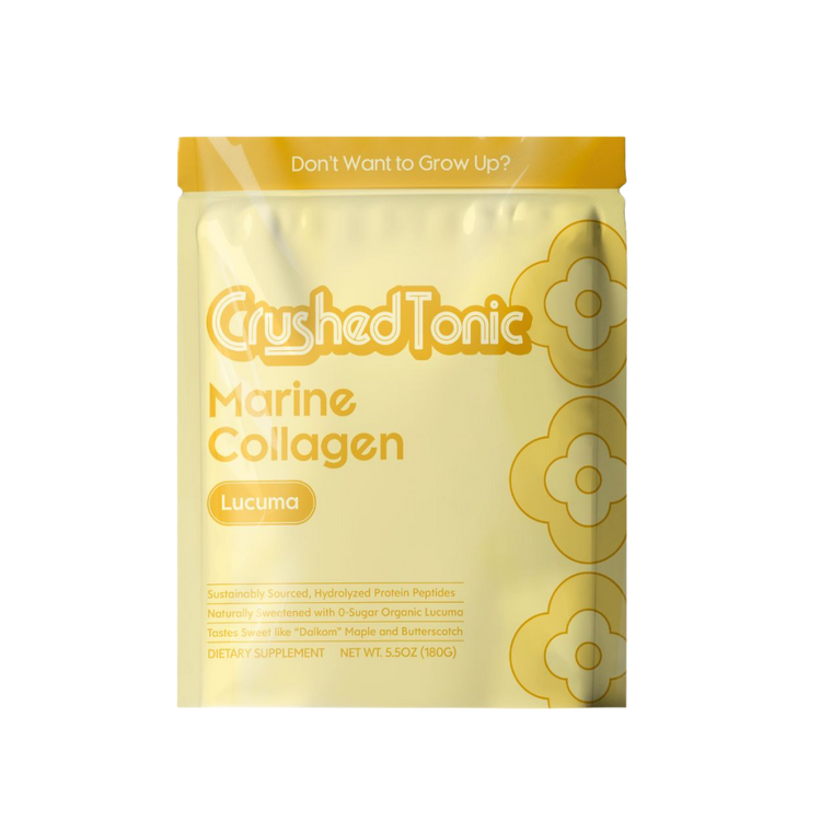 Yellow package of Crushed Tonic Marine Collagen on a white background