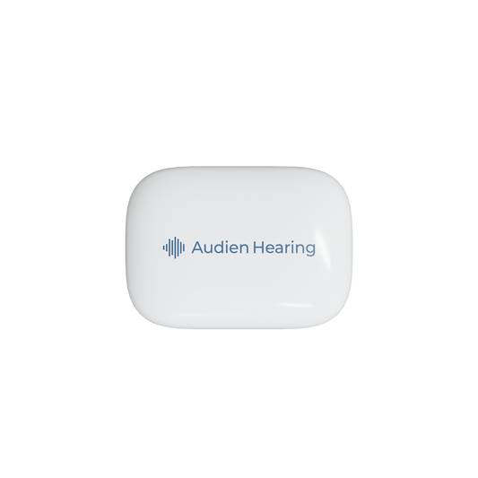 Hearing aid with charging case on a white background