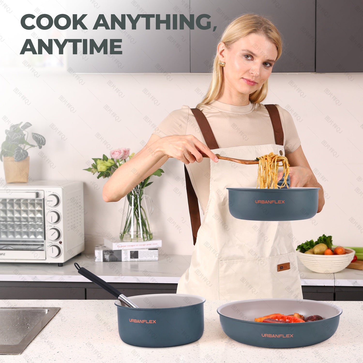 Woman cooking in a kitchen with Urbanflex cookware, holding a bowl of pasta.
