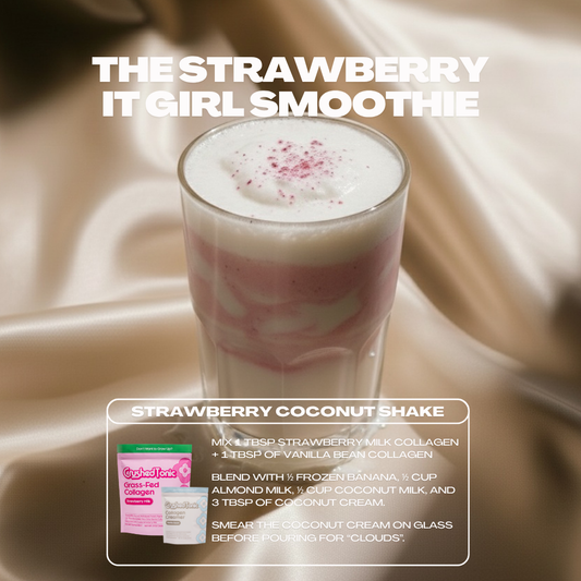 Pink package of Crushed Tonic Grass-Fed Collagen Strawberry Milk flavor on a white background