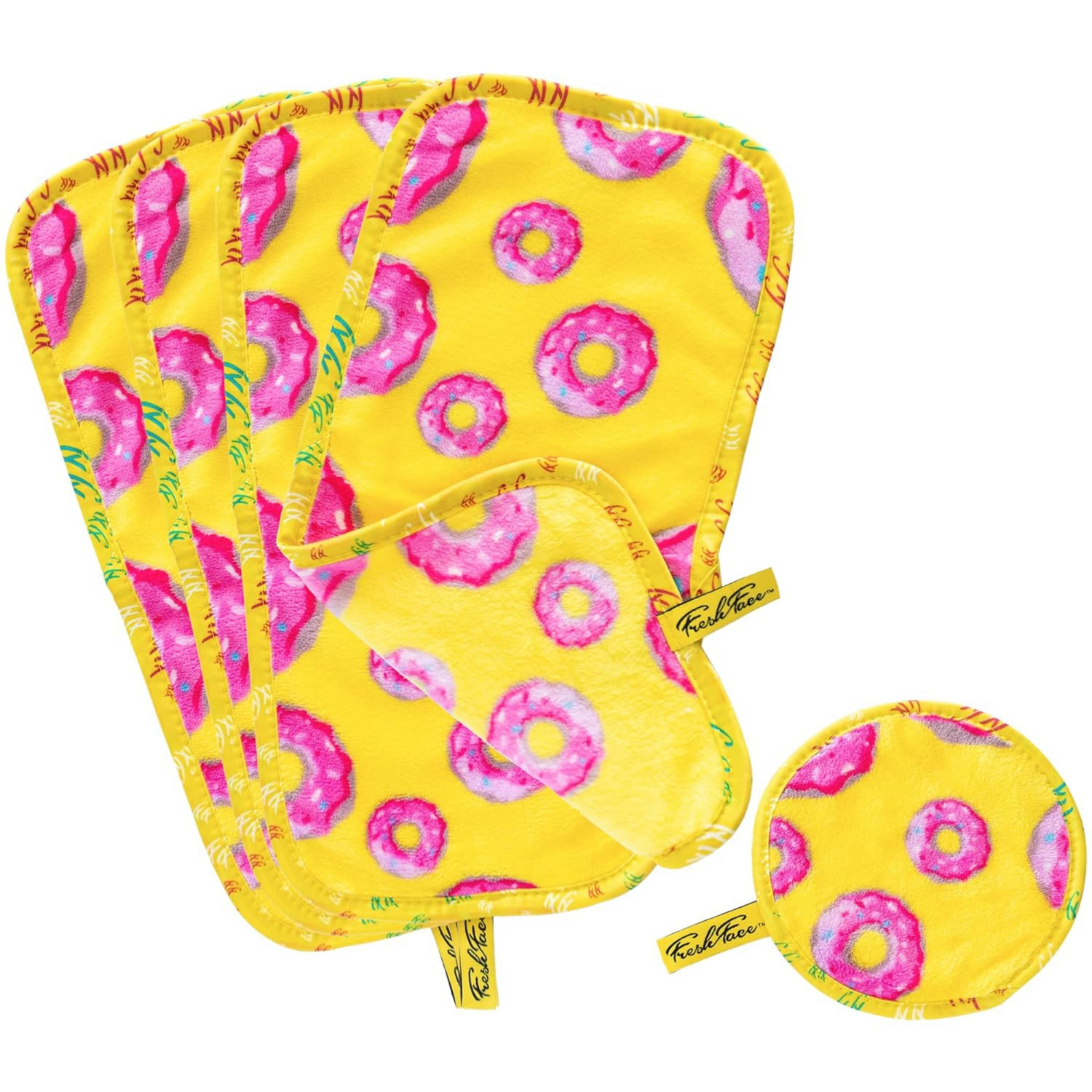 Set of yellow potholders with pink donut pattern on a white background