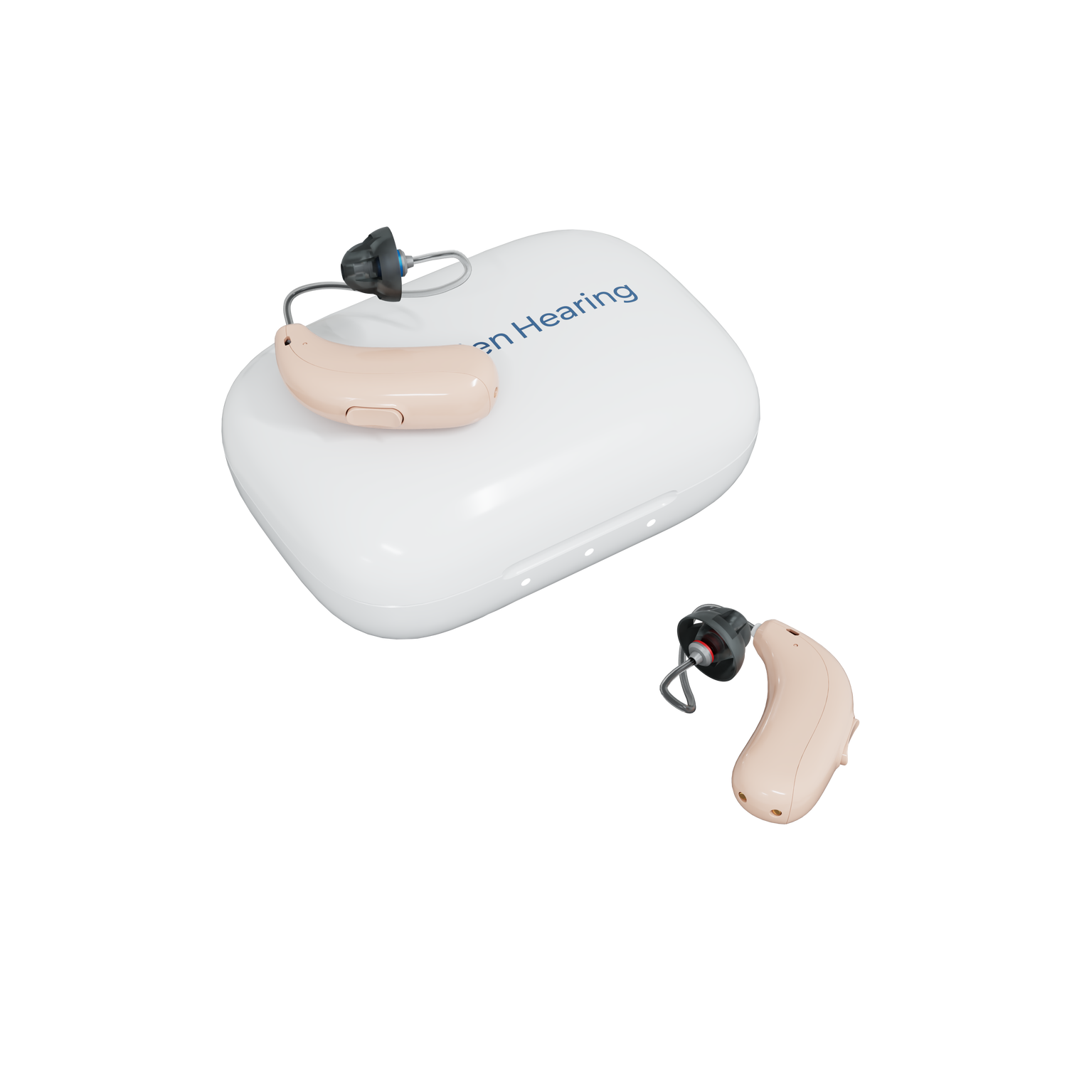 Hearing aid with charging case on a white background