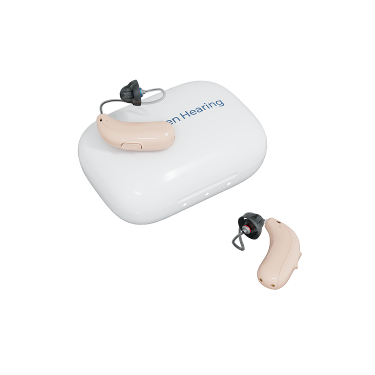Hearing aid with charging case on a white background