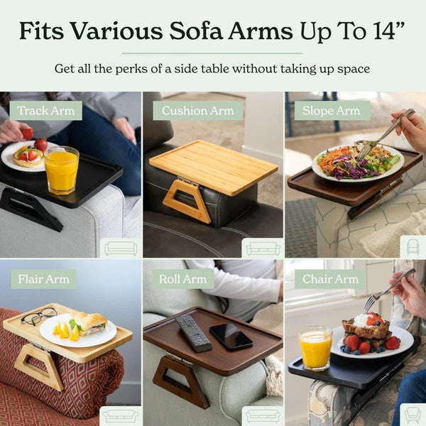 Collage of a portable tray table being used on various sofa arm types with text indicating its compatibility.