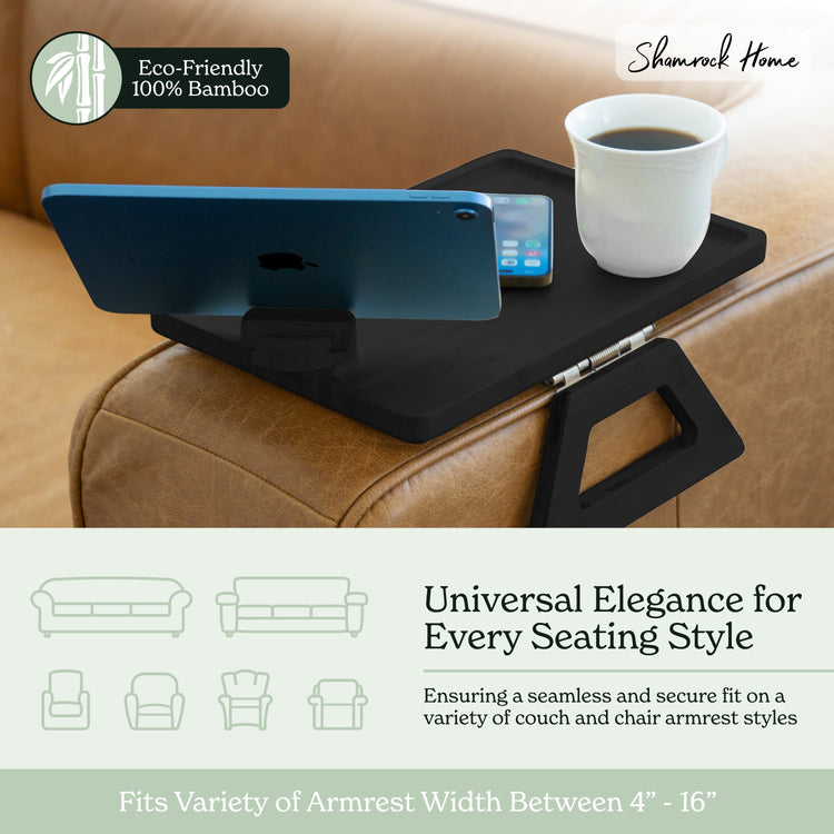 Black tray on a brown couch with a tablet, phone, and cup of coffee, featuring 'Shamrock Home' branding.