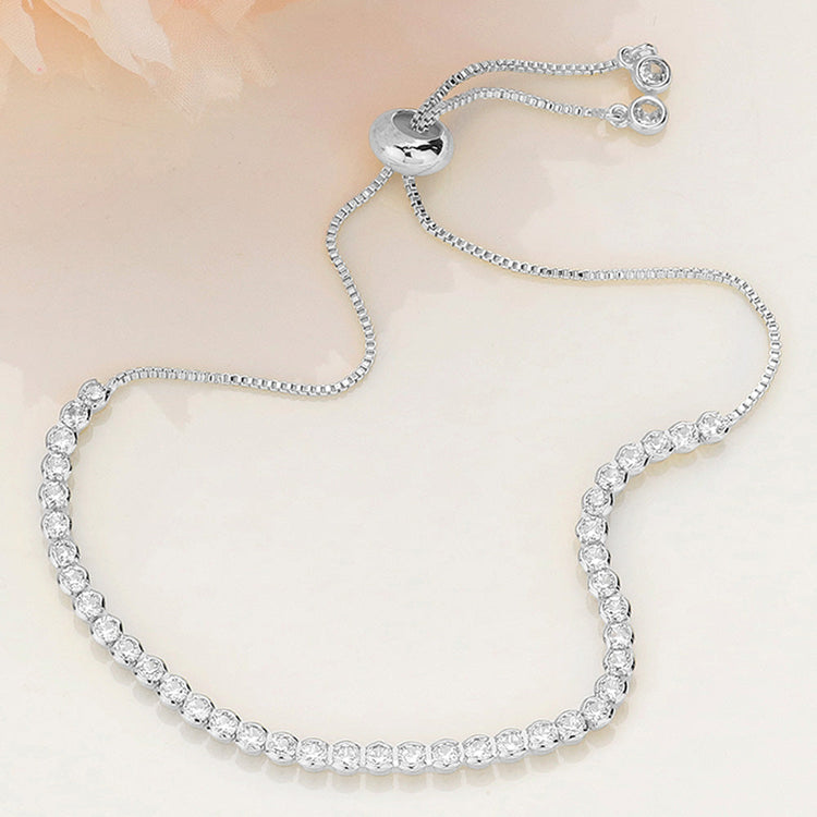 CZ  BEZEL ADJUSTABLE PULL TIE BRACELET - Silver