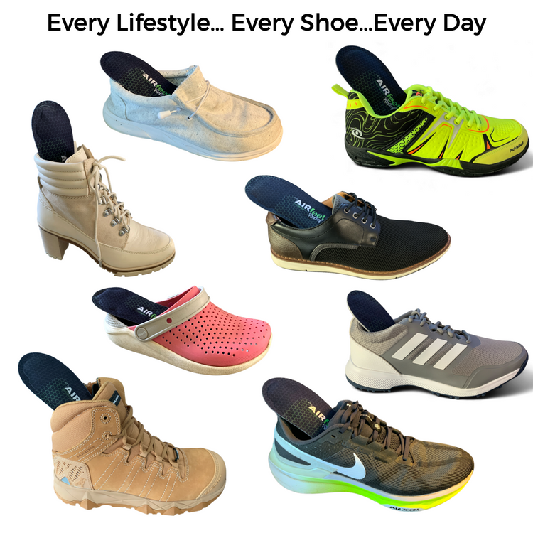 Collage of various shoes with a focus on comfort insoles, promoting versatility in footwear choices.