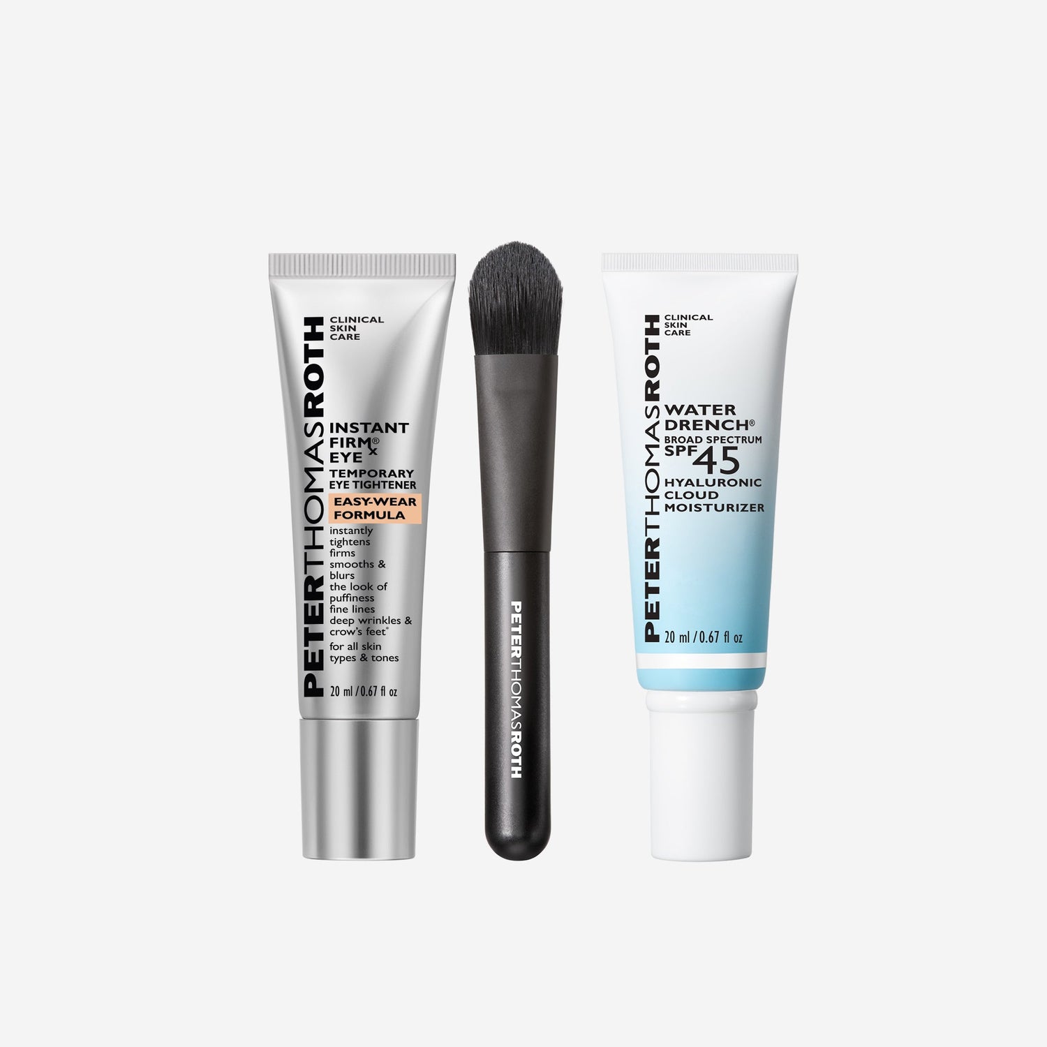 Two skincare products and a brush with Peter Thomas Roth branding on a white background