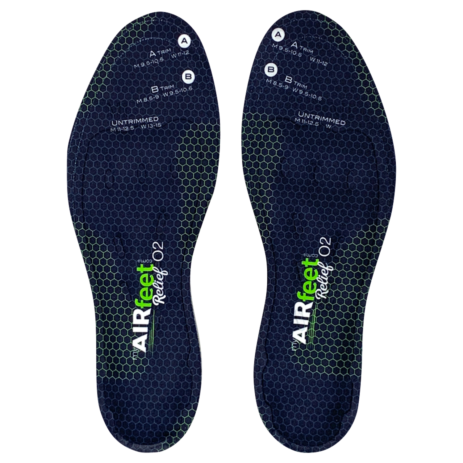 Pair of black shoe insoles with 'AIRfeet Rocket O2' branding on a white background