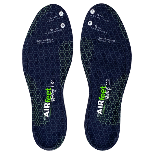 Pair of black shoe insoles with 'AIRfeet Rocket O2' branding on a white background