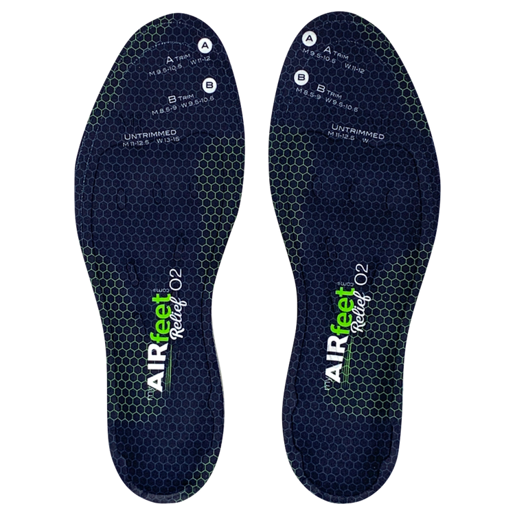 Pair of black shoe insoles with 'AIRfeet Rocket O2' branding on a white background