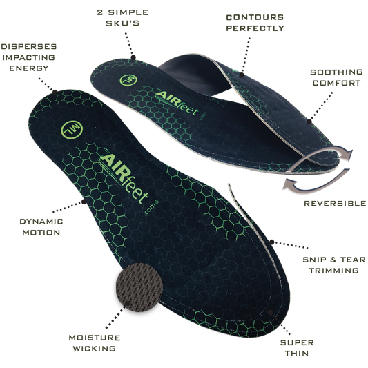 Pair of black shoe insoles with 'AIRfeet Rocket O2' branding on a white background