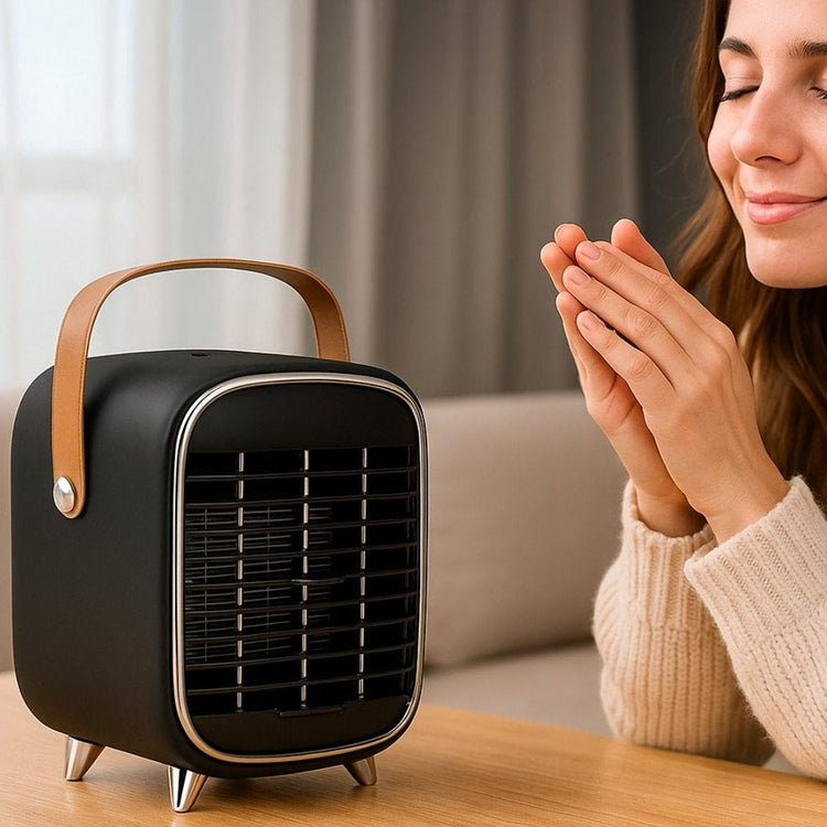 Woman using a portable air conditioner on a wooden table with a blurred background