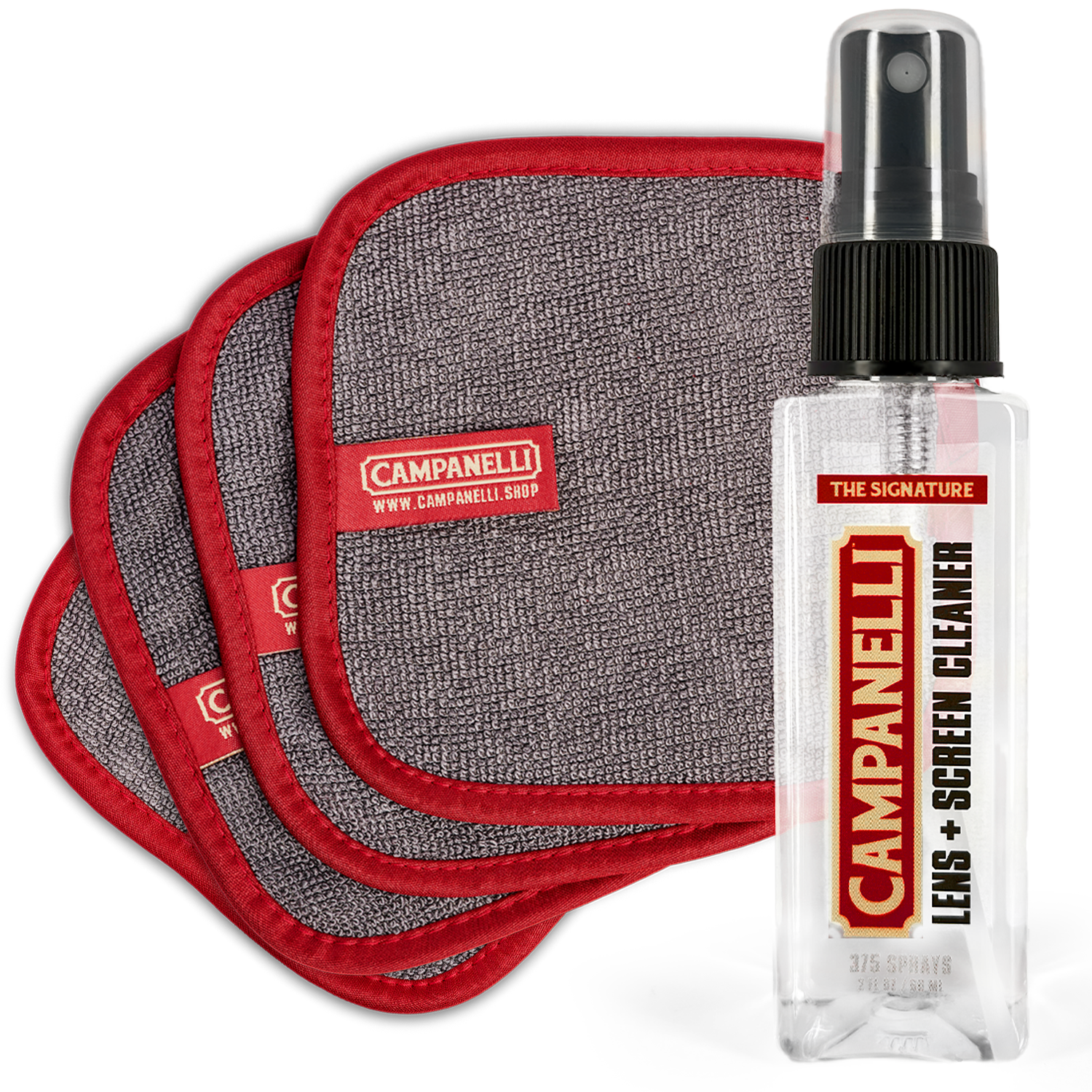 Campanelli lens and screen cleaner set with cloths and spray bottle on a white background