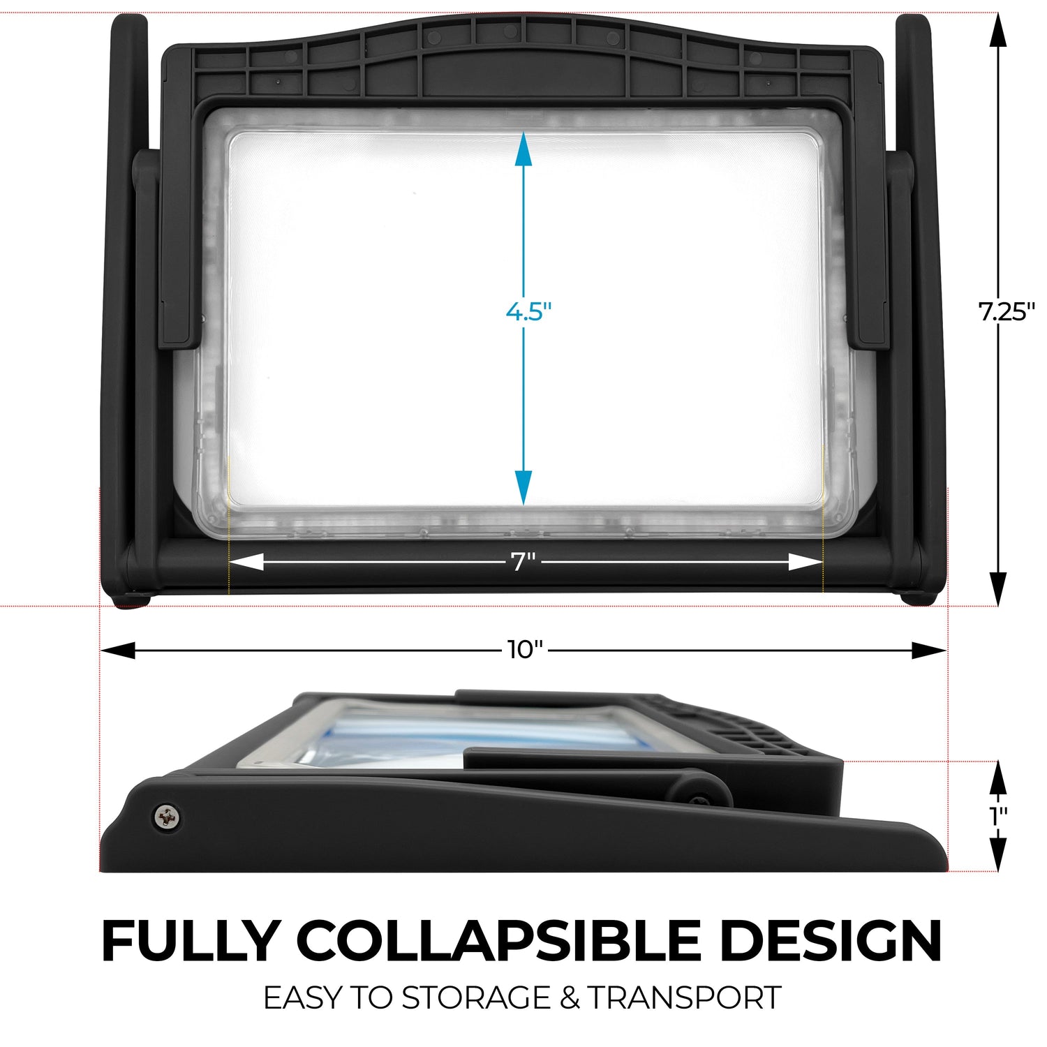 Collapsible light with dimensions and text indicating collapsible design and ease of storage and transport.