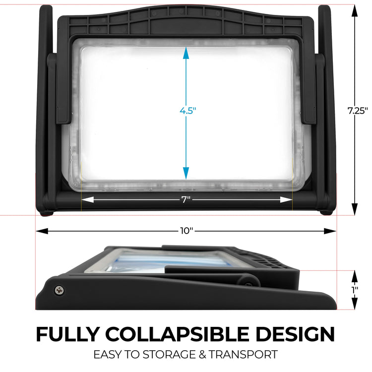 Collapsible light with dimensions and text indicating collapsible design and ease of storage and transport.