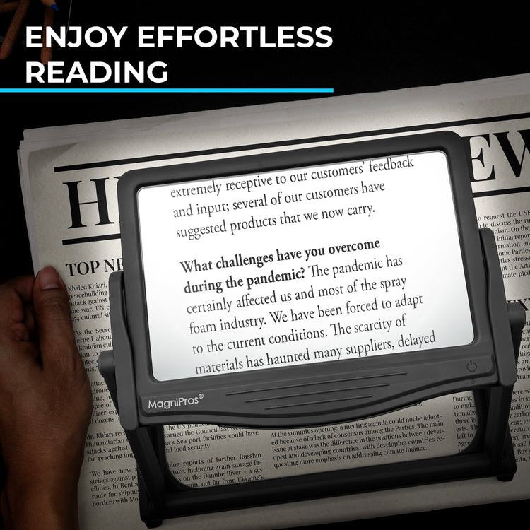 Magnifying glass held over a newspaper with text, featuring the brand 'MagniPros'.