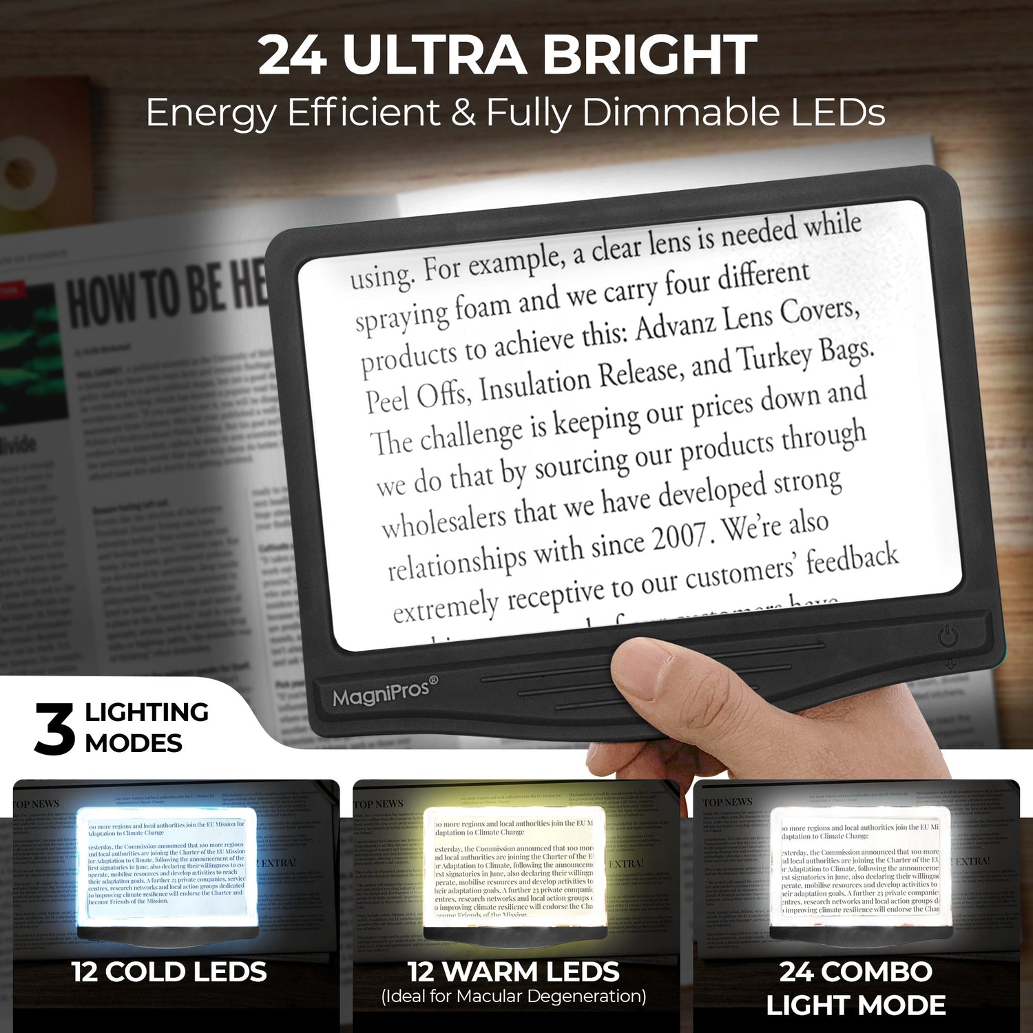 Hand holding a magnifying device with text on a magazine page, highlighting energy-efficient LED technology.