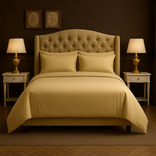 Dark-themed bedroom with black bedding, nightstands, and lamps.
