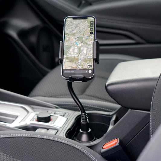 Black phone holder with cup holder on a white background