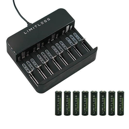 Black battery charger with multiple battery slots and Limitless branding, accompanied byLimitless batteries on a white background.