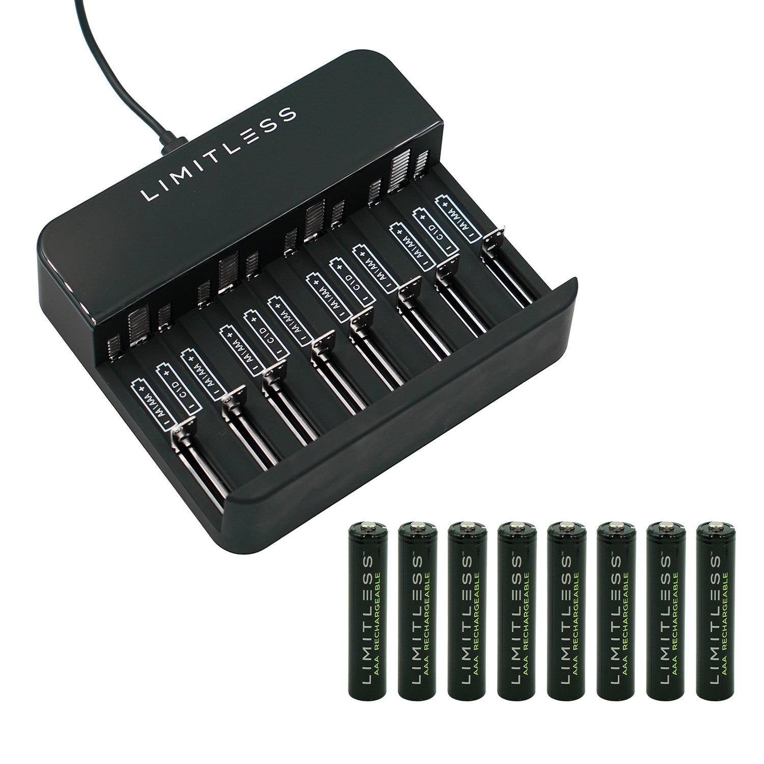 Black battery charger with multiple battery slots and Limitless branding, accompanied byLimitless batteries on a white background.