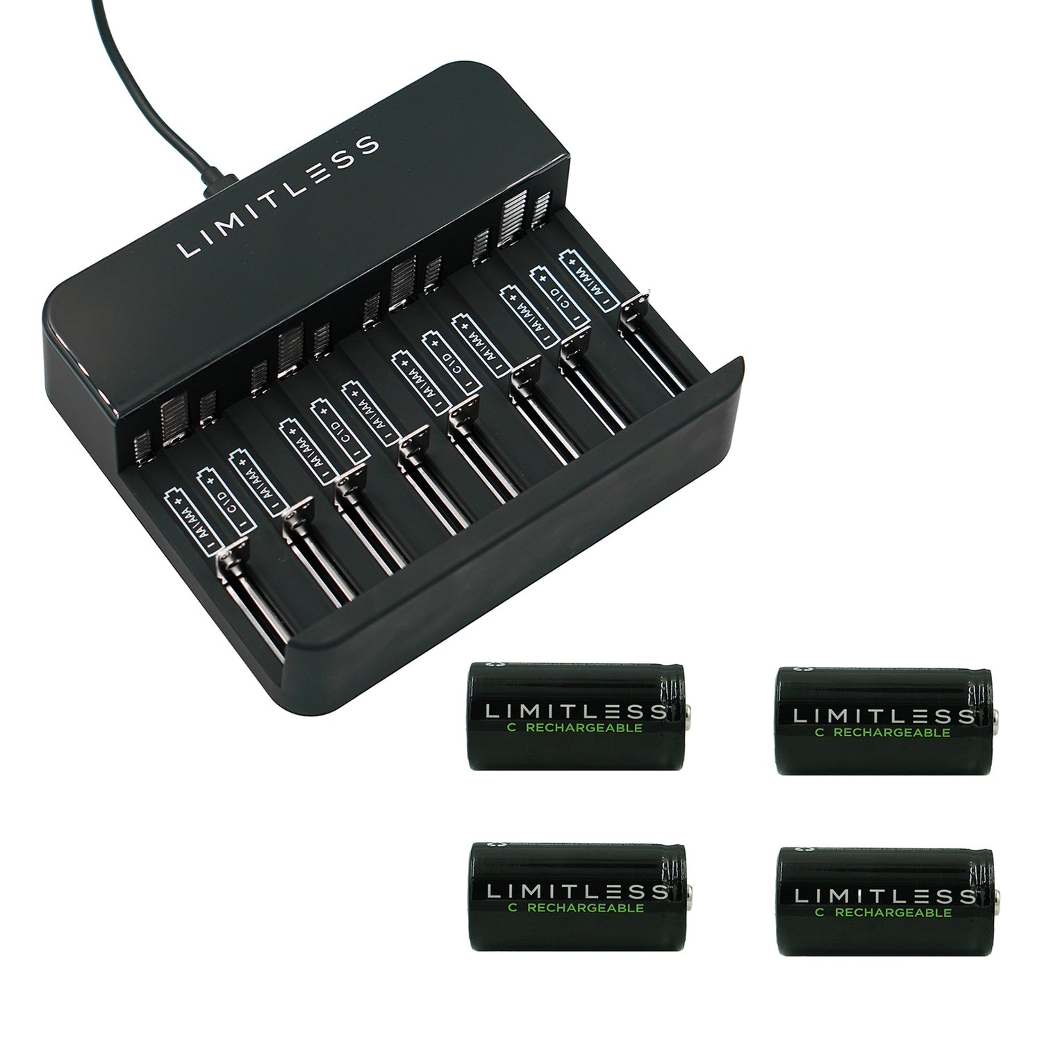 Limitless battery charger with four rechargeable batteries on a white background