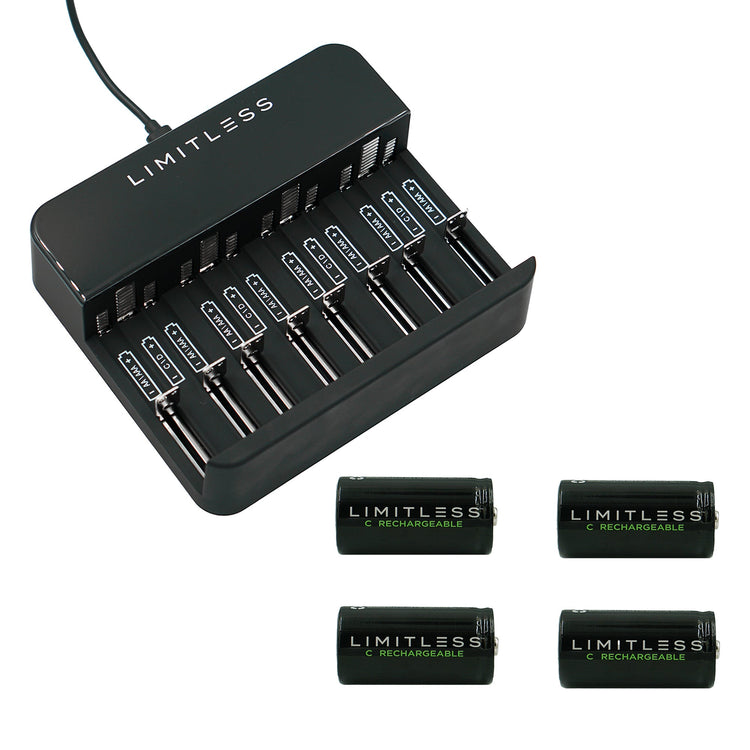 Limitless battery charger with four rechargeable batteries on a white background