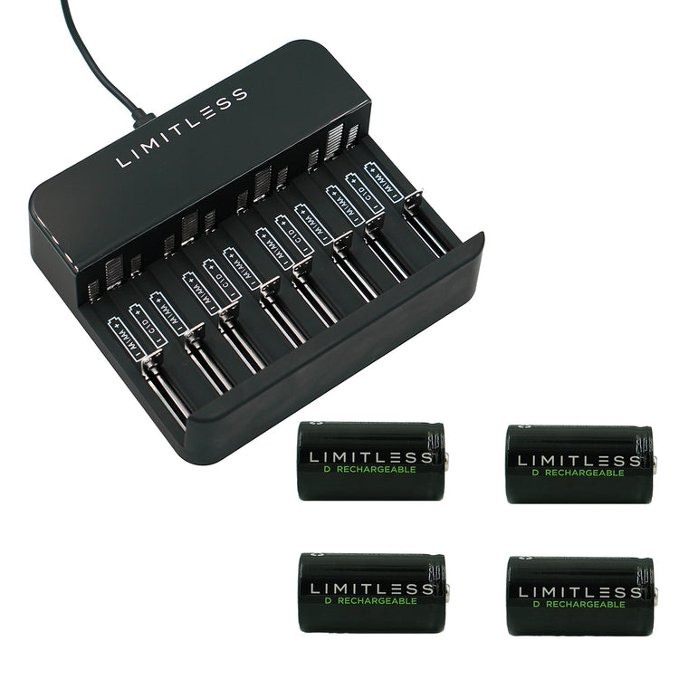 Limitless battery charger with four rechargeable batteries on a white background