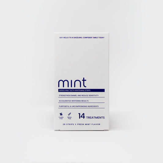 Box of Mint dental whitening strips on a white background