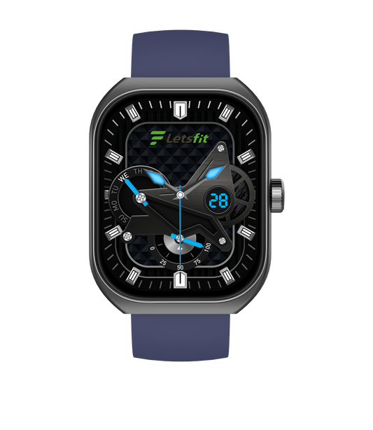 Smartwatch with blue strap and black display on a white background