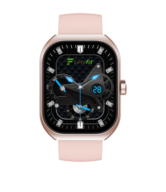 Smartwatch with a pink strap and black display on a white background